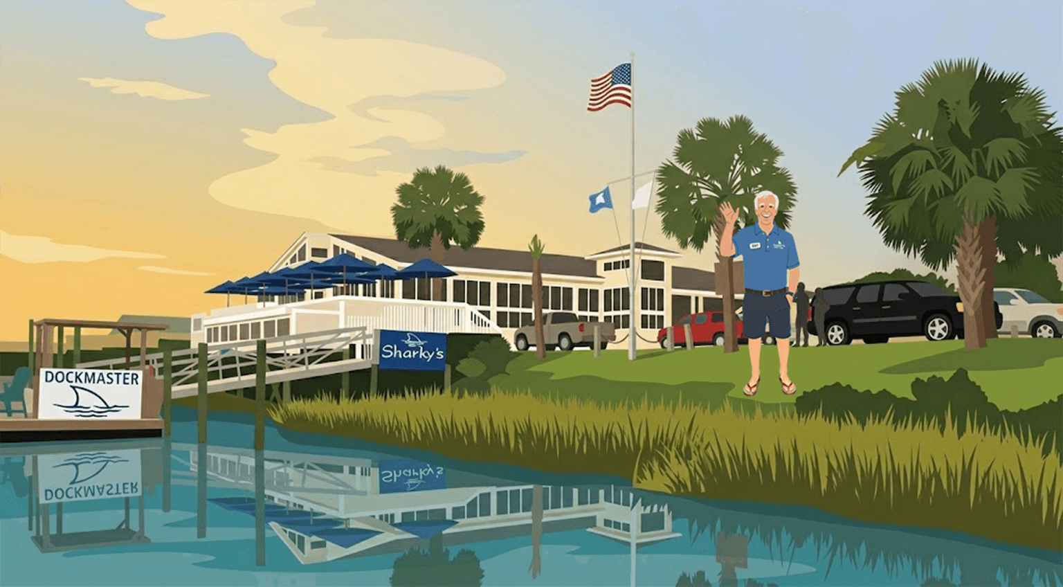 Illustration of Sharky's waterfront restaurant with Ray waving